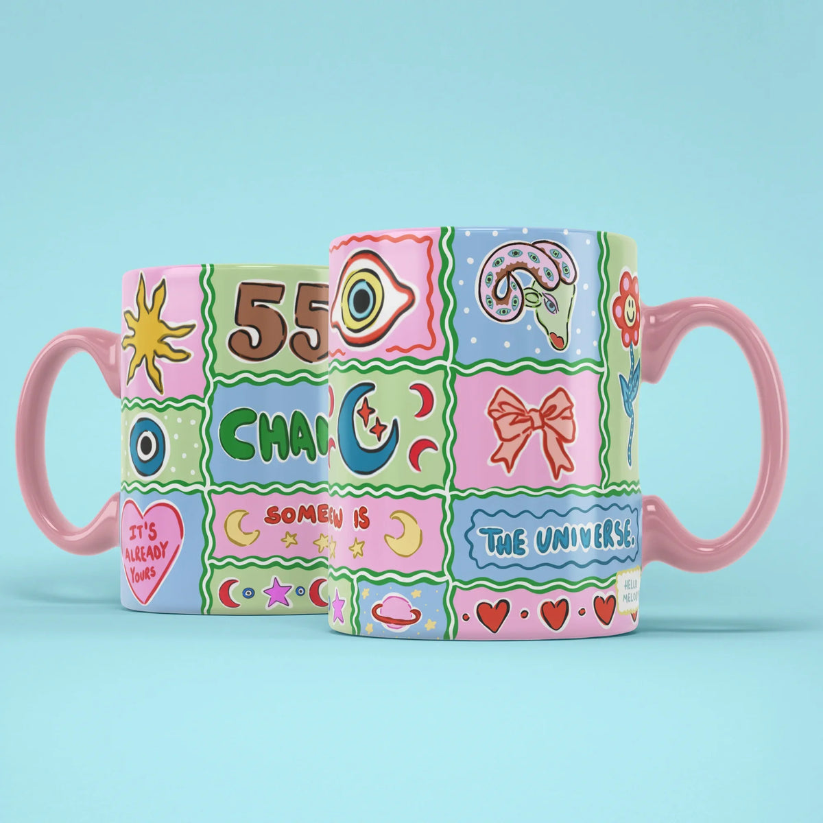 555 Angel Number Mug – two mugs showing front and back of the 555 design