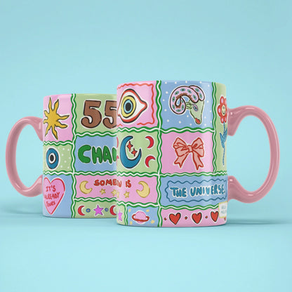 555 Angel Number Mug – change is coming patchwork, pink handle on right