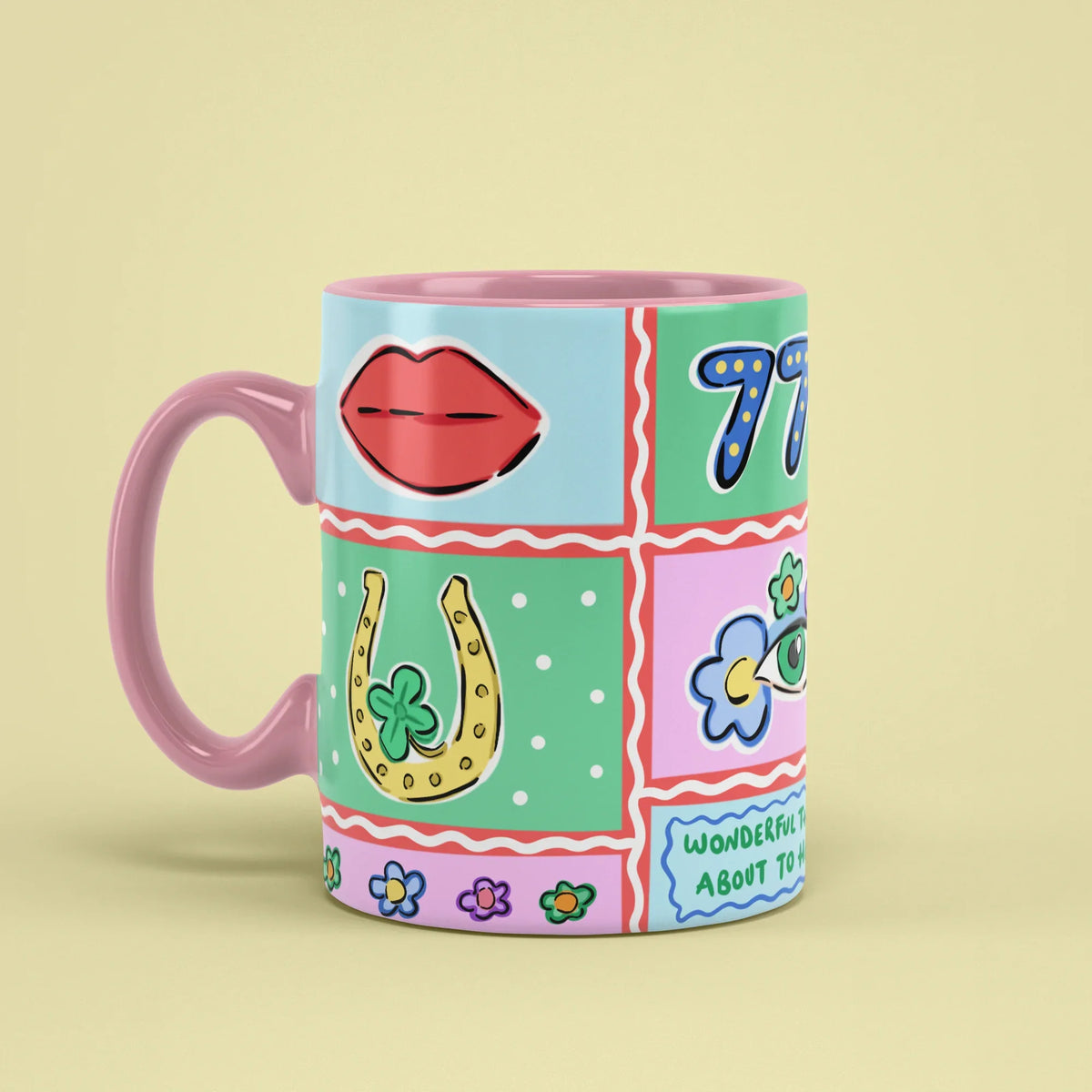 777 Angel Number Mug – luck cup with pink handle on left