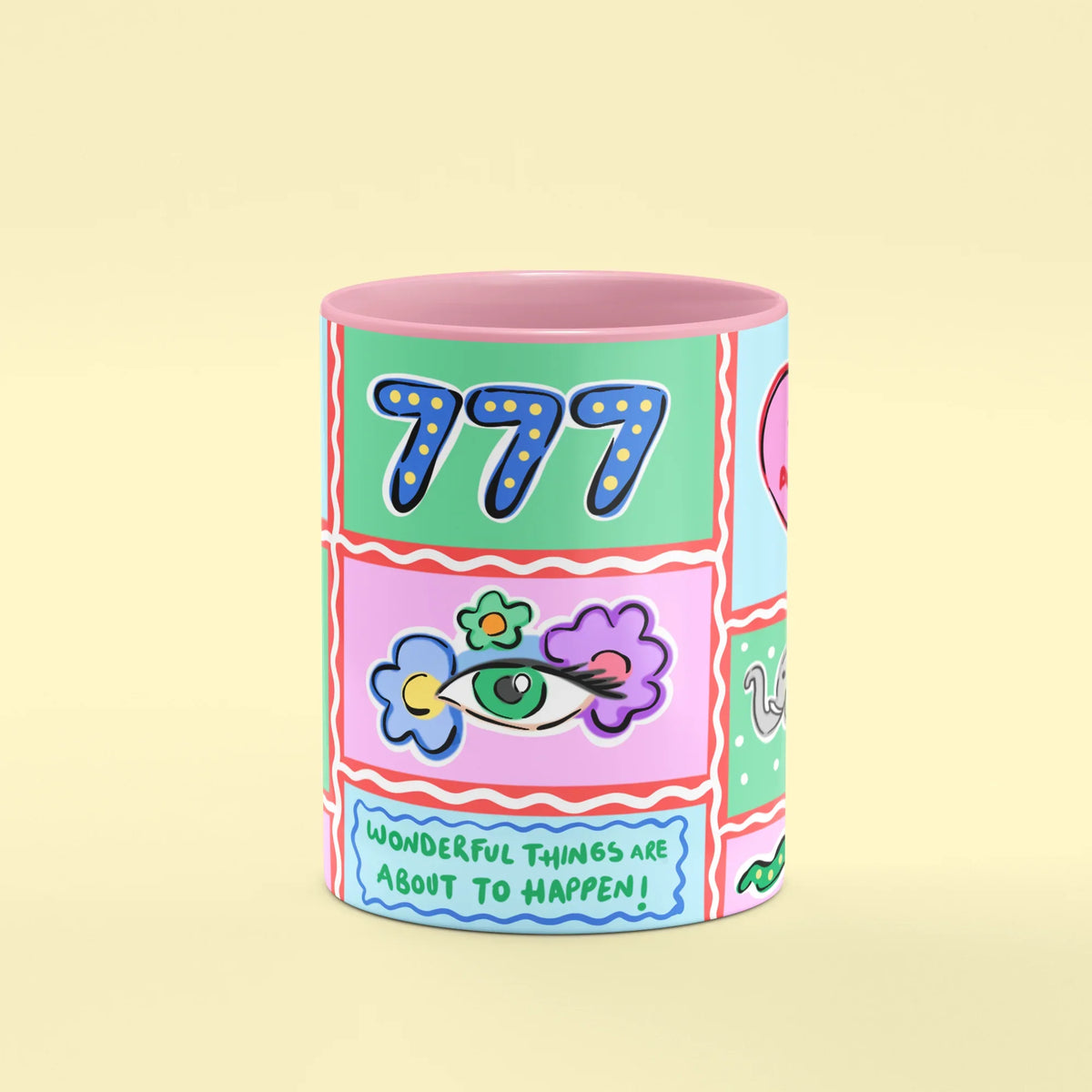 777 Angel Number Mug – front view of horseshoe, clover and lucky charms