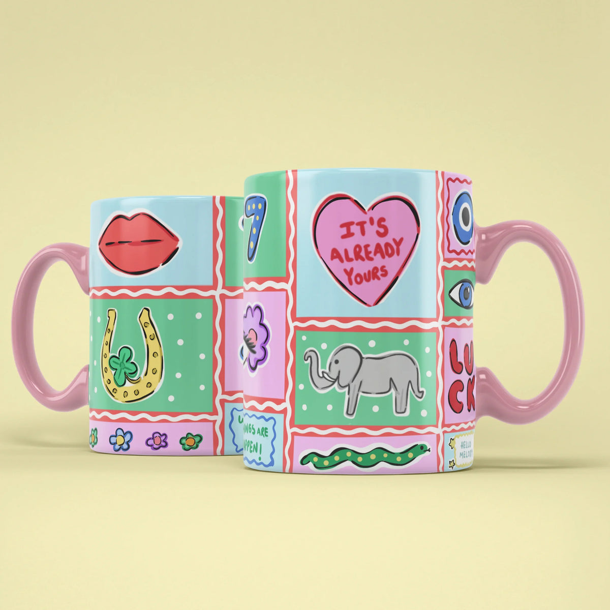 777 Angel Number Mug – lucky charms patchwork, pink handle on right