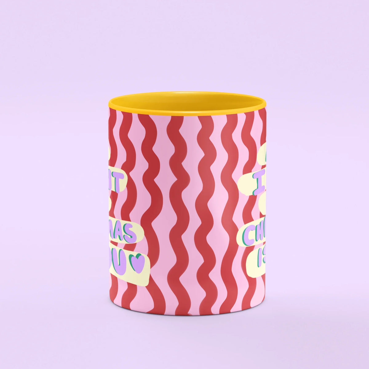 All I Want For Christmas Is You Mug – front view of wavy festive lettering