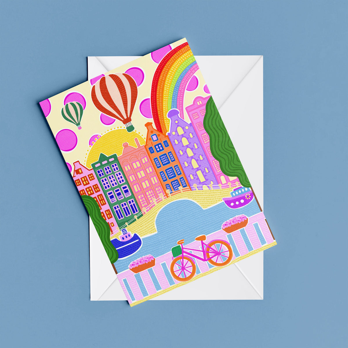 Amsterdam print – flat lay mock-up showing the colourful illustrated design