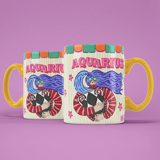 Two Aquarius star sign mugs showing two blue-haired water-bearer figures with oversized glasses