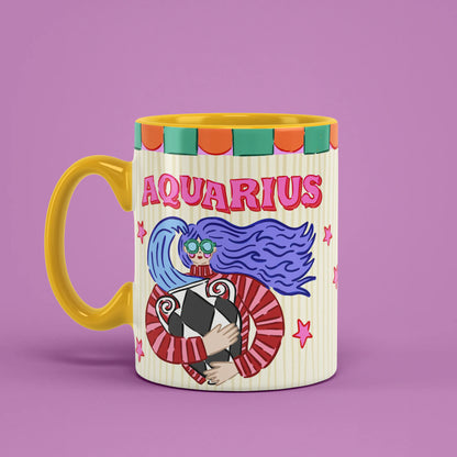 Aquarius astrology mug angled left with pink stars and striped water vessel