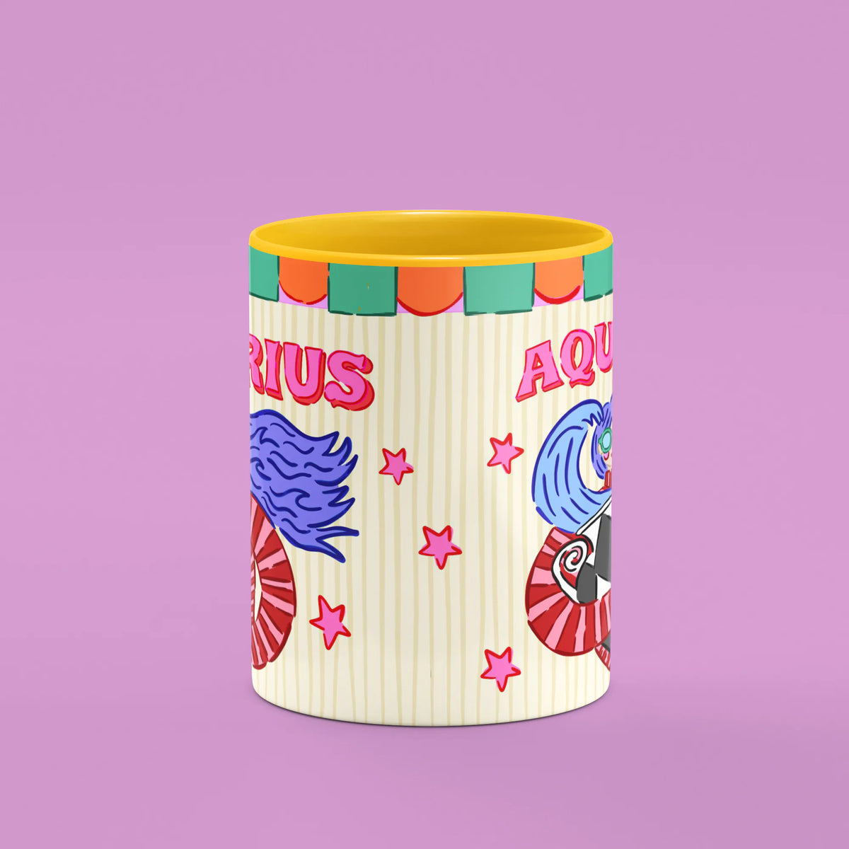 Aquarius mug reverse view showing pink stars and striped water vessel and yellow handle