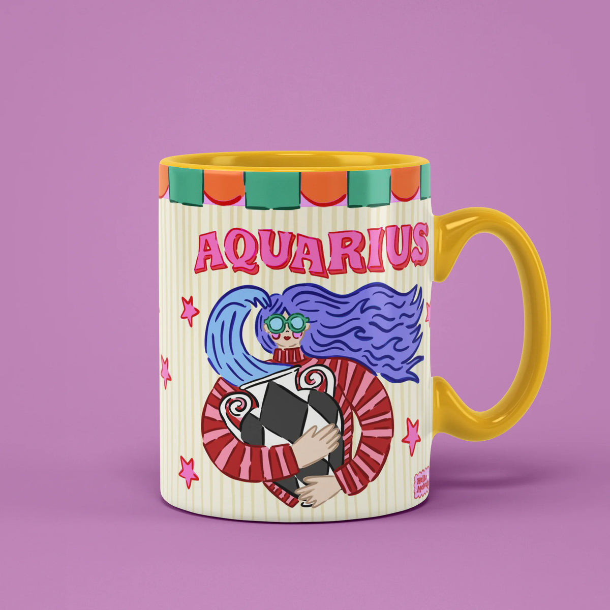 Aquarius zodiac mug with two blue-haired water-bearer figures with oversized glasses