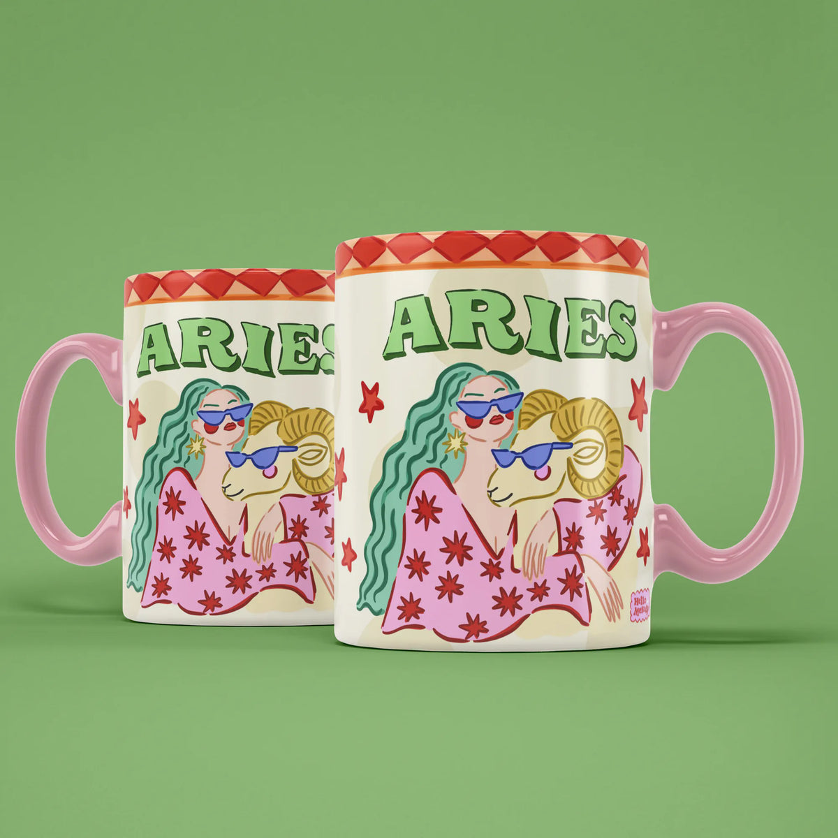 Two Aries star sign mugs showing a green-haired figure and a ram wearing sunglasses