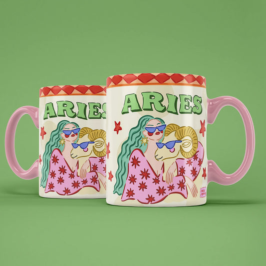 Two Aries star sign mugs showing a green-haired figure and a ram wearing sunglasses