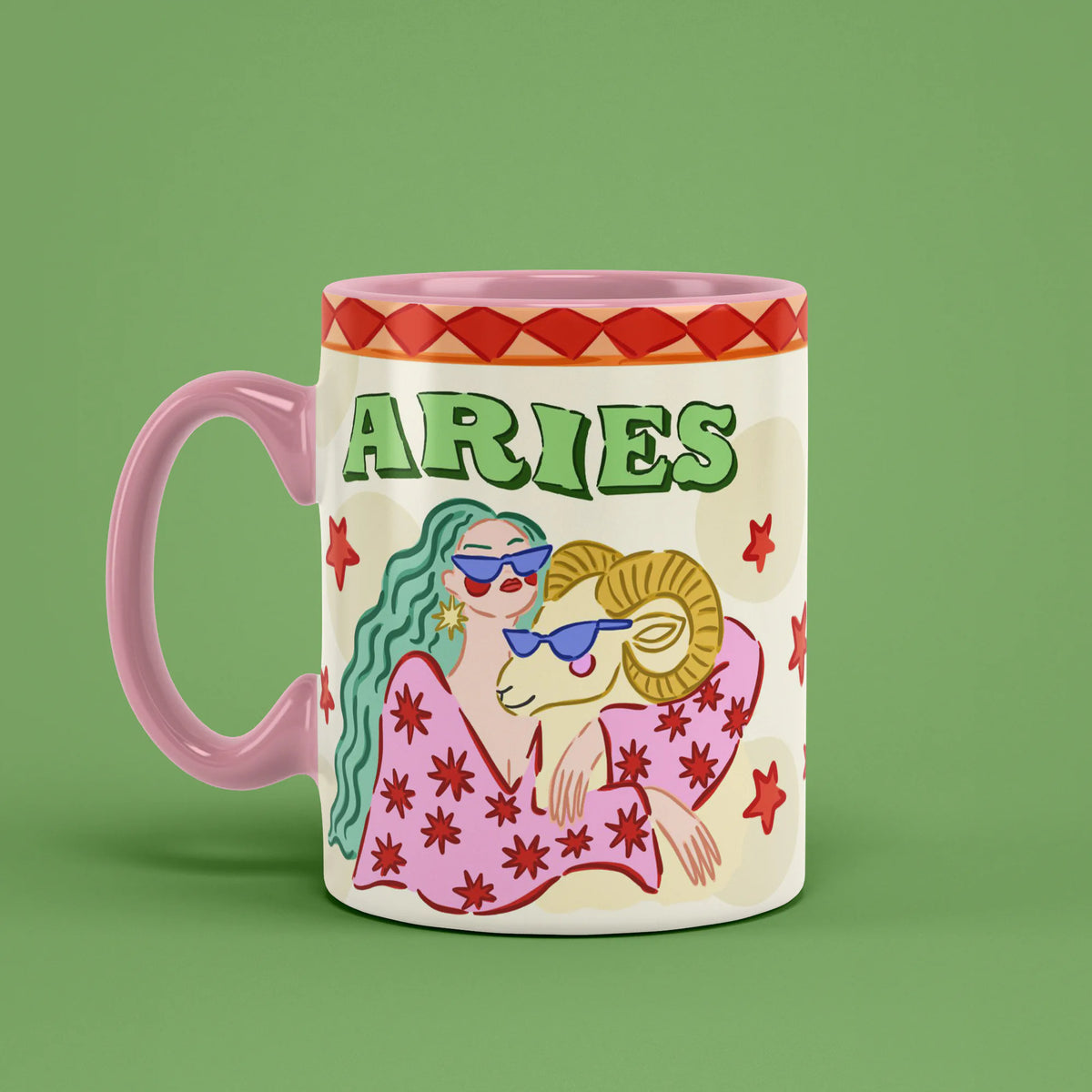 Aries astrology mug angled left with red stars and floral details