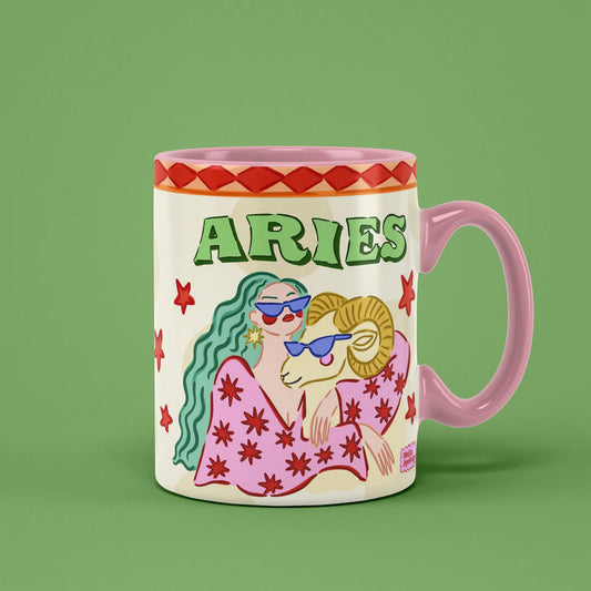Aries zodiac mug with a green-haired figure and a ram wearing sunglasses