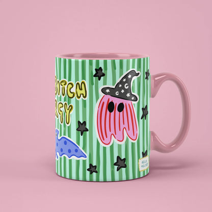 Bad Bitch Energy Mug with cheeky ghost and bat, sassy Halloween gift
