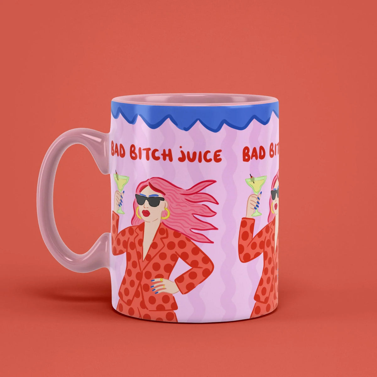 Bad Bitch Juice Mug – woman in a red polka dot jacket and sunglasses on pink