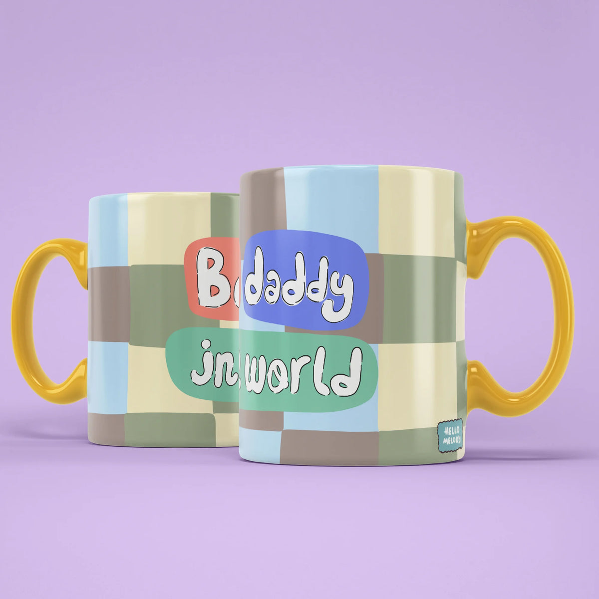 Best Daddy Mug shown from both sides with pastel patchwork