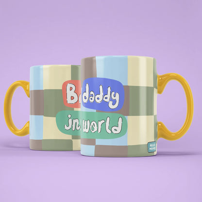 Best Daddy Mug shown from both sides with pastel patchwork