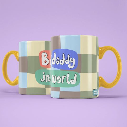Best Daddy Mug shown from both sides with pastel patchwork