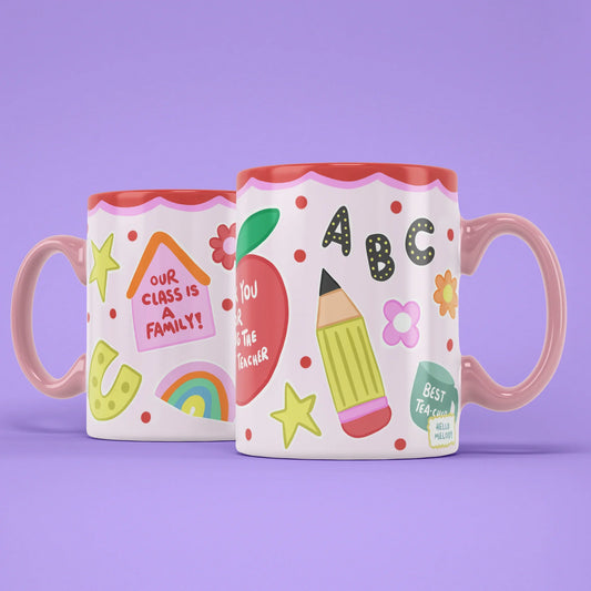 Best Teacher Mug – two mugs showing the front and back of the teacher design
