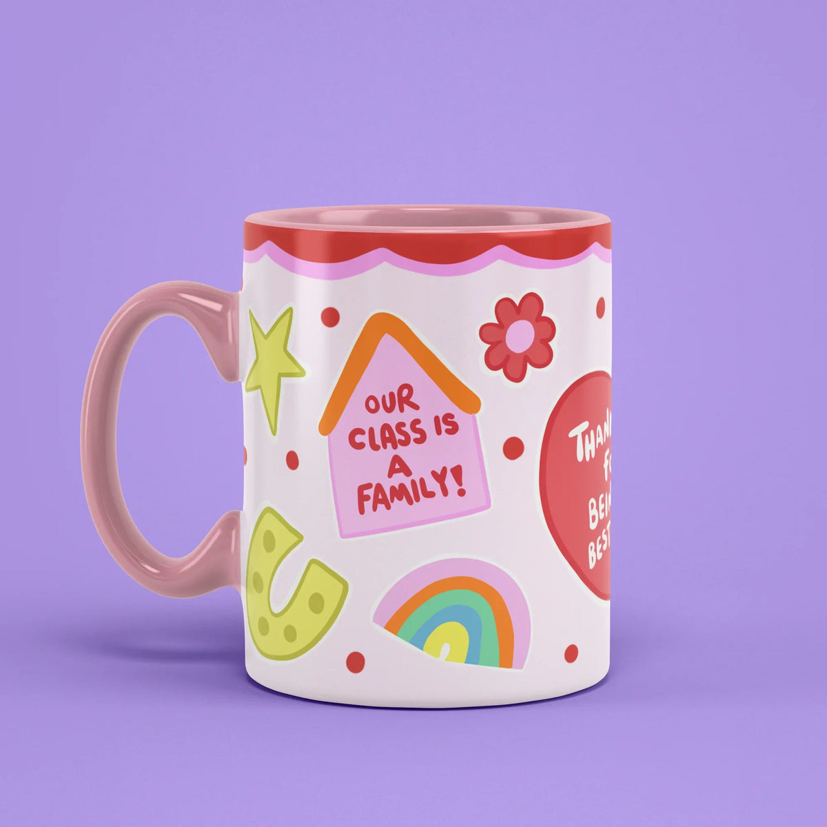 Best Teacher Mug – ABC pencil and rainbow detail, pink handle on left