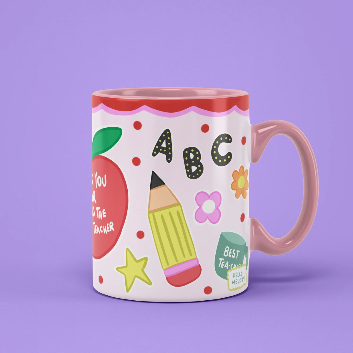 Best Teacher Mug – thank you teacher cup with a red apple, pink handle on right
