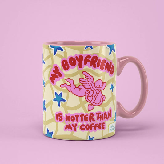 My Boyfriend Is Hotter Than My Coffee Mug – cupid design, pink handle on right