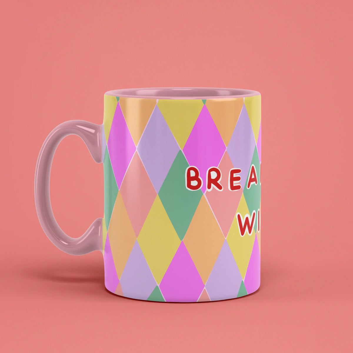 Breakfast Wine Mug – brunch humour cup with pink handle on left
