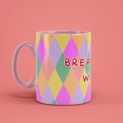 Breakfast Wine Mug – brunch humour cup with pink handle on left