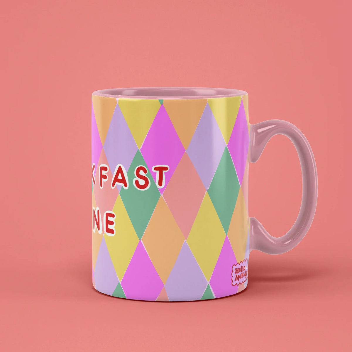 Breakfast Wine Mug – pastel harlequin diamonds, pink handle on right