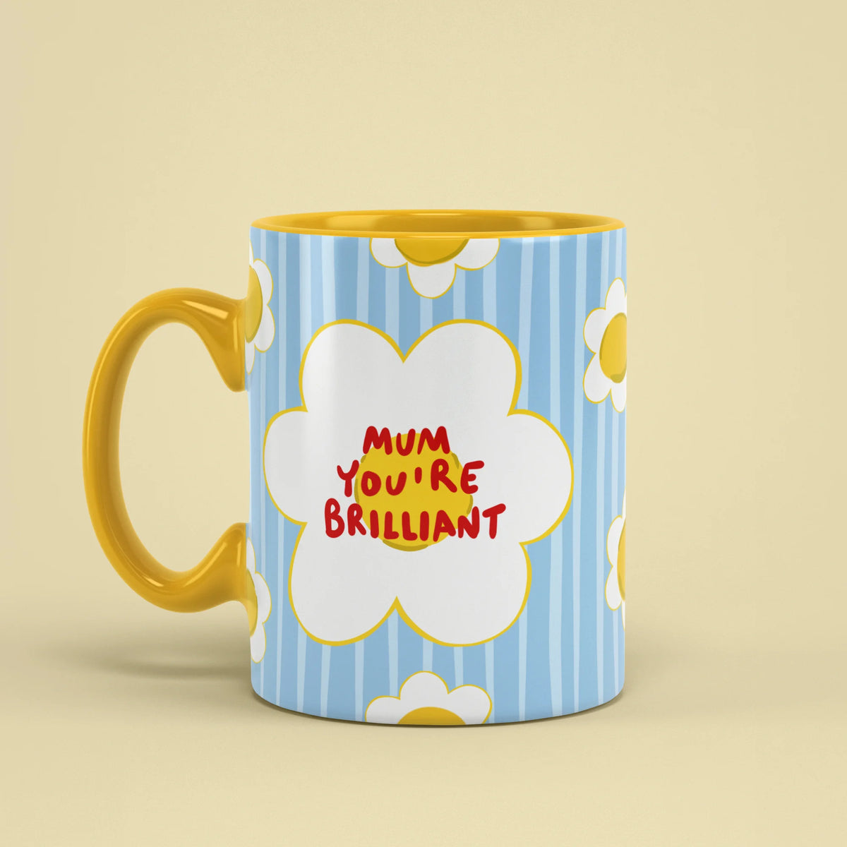 Left view of Brilliant Mum Mug with yellow handle