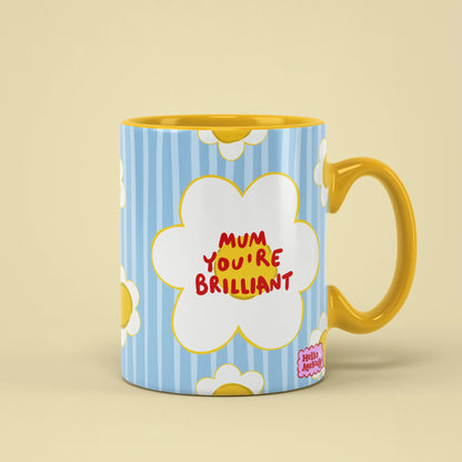 Mum You're Brilliant Mug with daisy design on blue stripes
