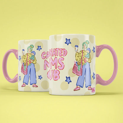 Two Caffeinated Mums Club mugs showing both sides of the colourful design