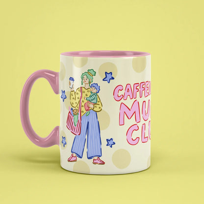 Caffeinated Mums Club Mug with illustrated mums and a pink handle on the left