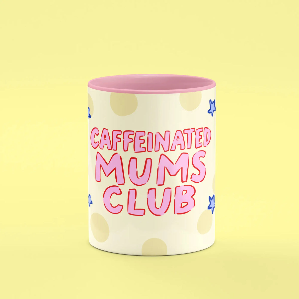 Front view of the Caffeinated Mums Club Mug showing playful mum illustrations