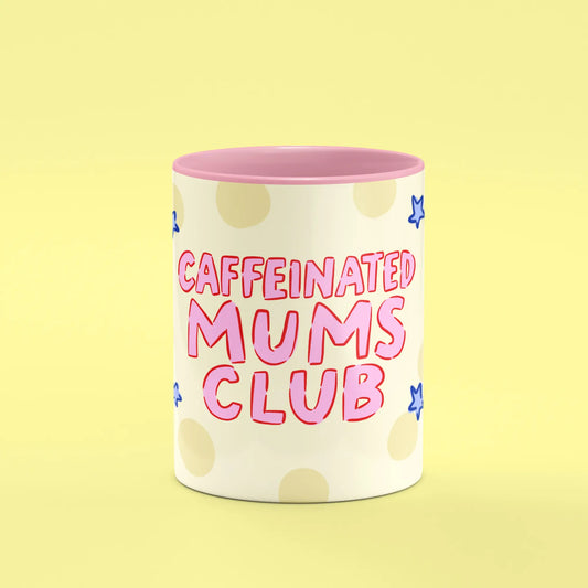 Front view of the Caffeinated Mums Club Mug showing playful mum illustrations