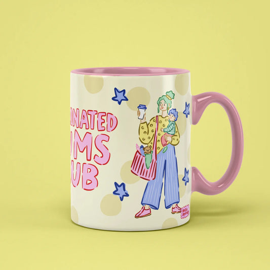 Caffeinated Mums Club Mug with illustrated mums and a pink handle