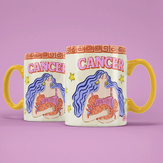Two Cancer star sign mugs showing a blue-haired figure holding an orange crab