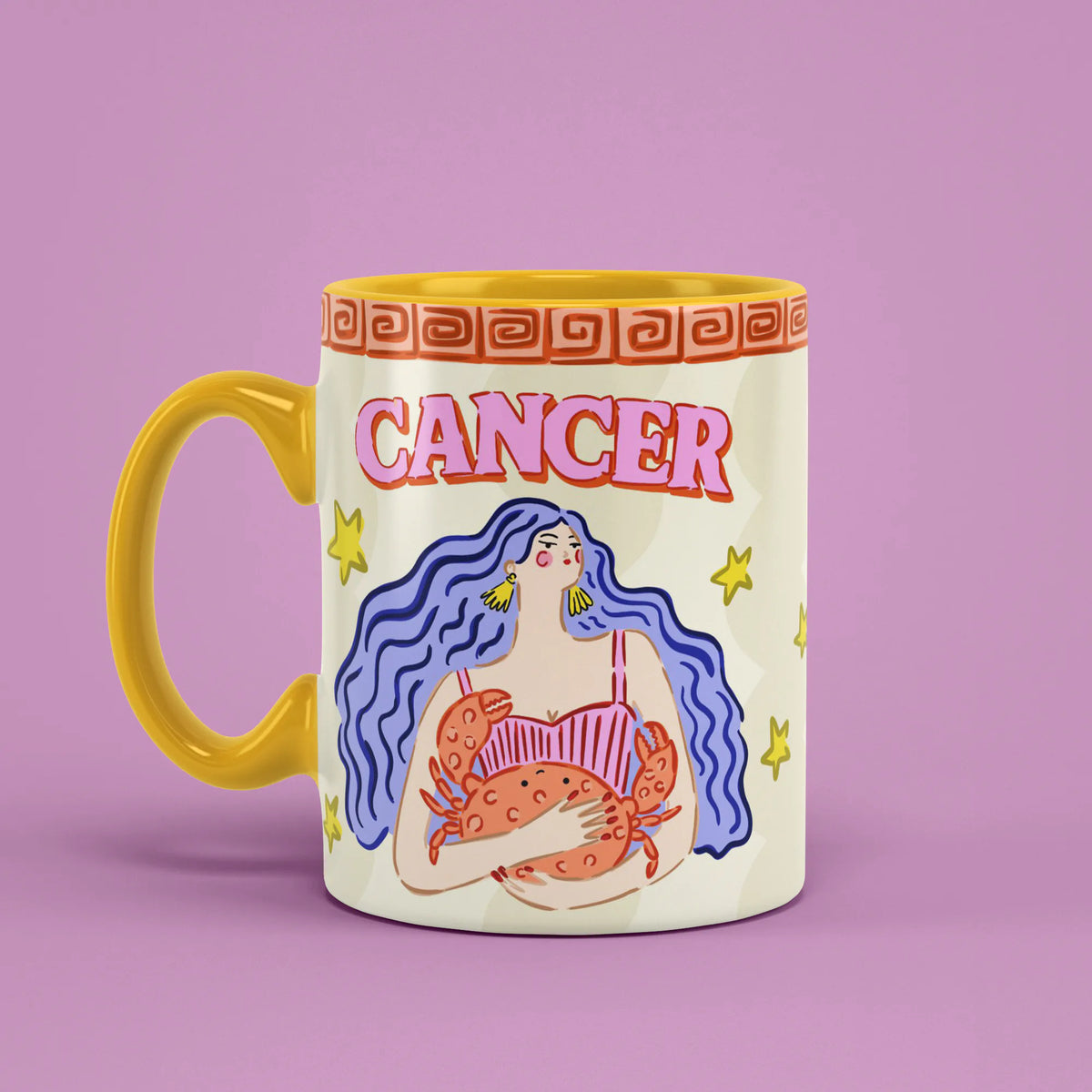 Cancer astrology mug angled left with yellow stars and crab illustration