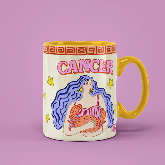 Cancer zodiac mug with a blue-haired figure holding an orange crab