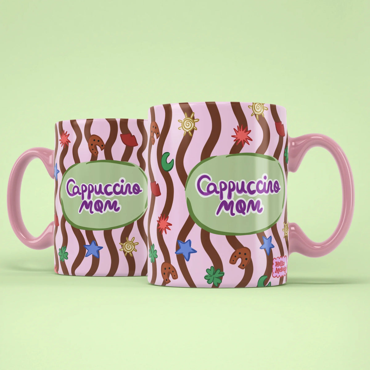 Cappuccino Mom Mug shown from both sides with pink handle