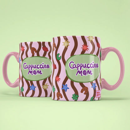 Cappuccino Mom Mug shown from both sides with pink handle