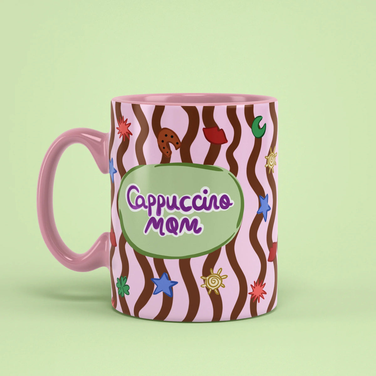 Left view of Cappuccino Mom Mug with brown wavy stripes