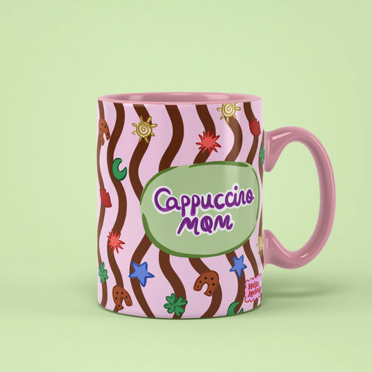 Cappuccino Mom Mug with chocolate waves and lucky charms, coffee gift for mums