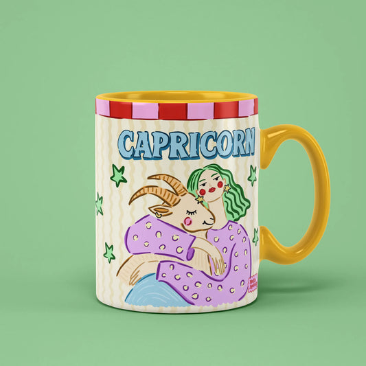 Capricorn zodiac mug with a green-haired figure embracing a horned goat