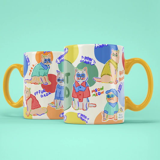 Cat Dad Mug shown from both sides with playful cats