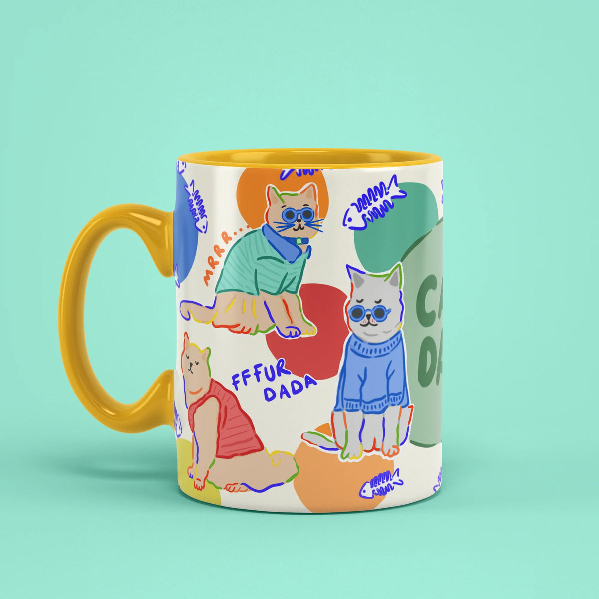 Left view of Cat Dad Mug with yellow handle