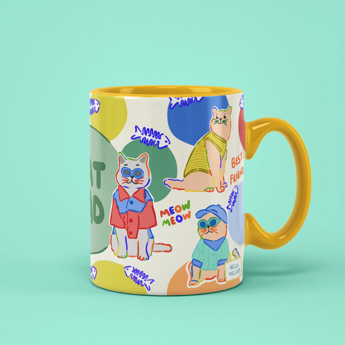 Cat Dad Mug with cool cats in funky outfits, gift for cat dads