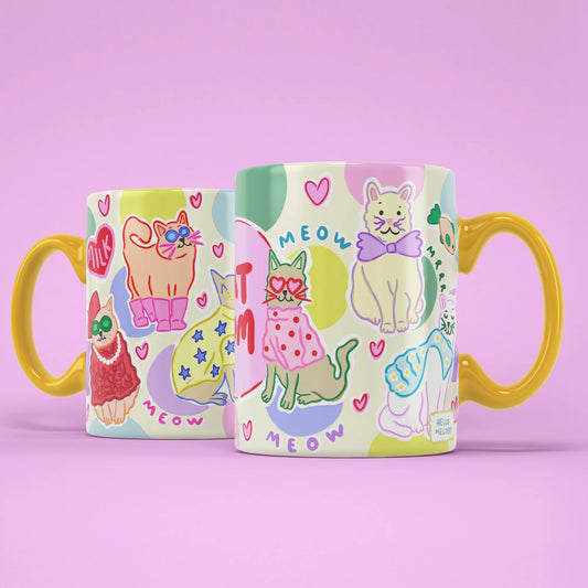 Cat Mom Mug shown from both sides with playful cats