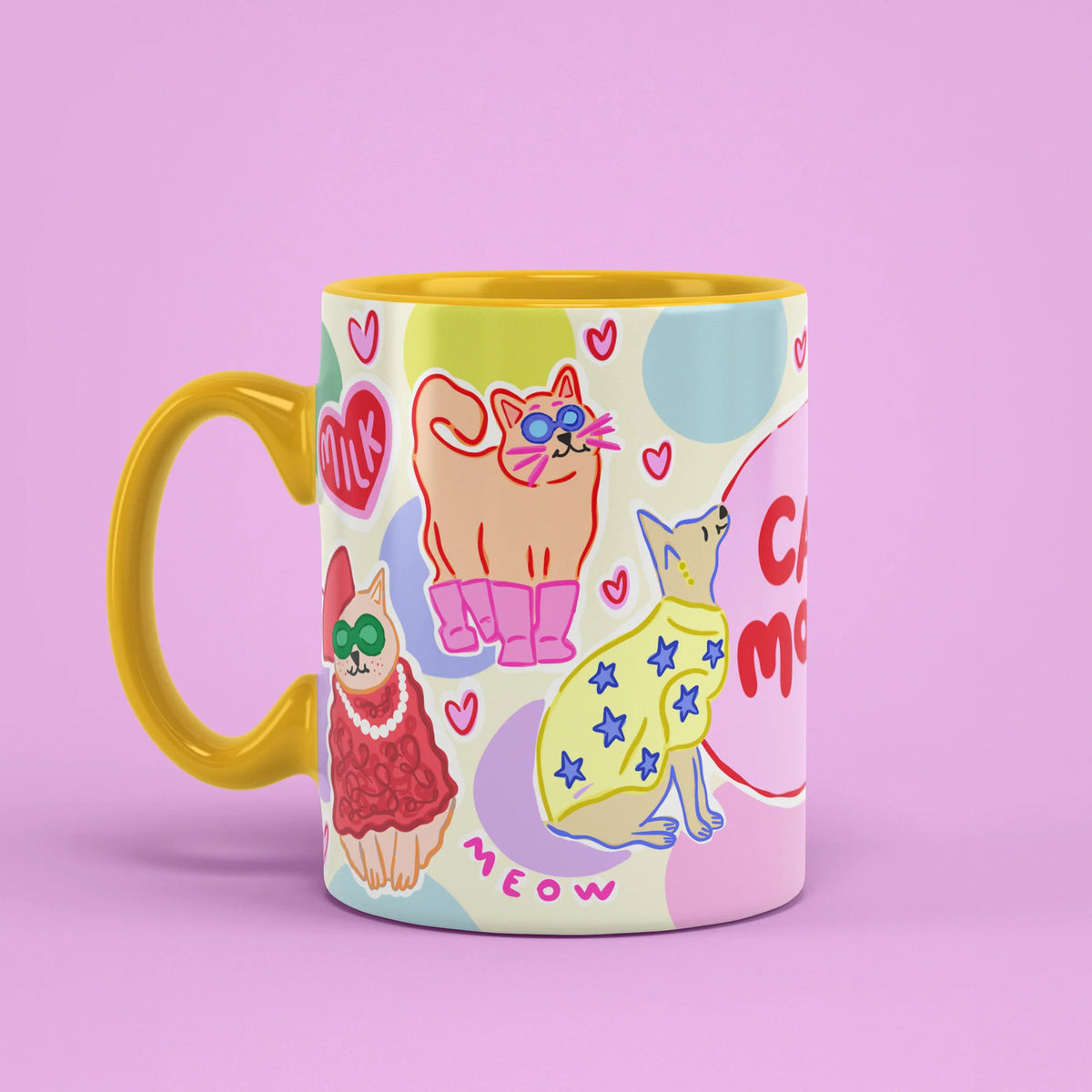 Left view of Cat Mom Mug with yellow handle