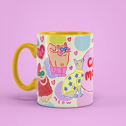 Left view of Cat Mom Mug with yellow handle