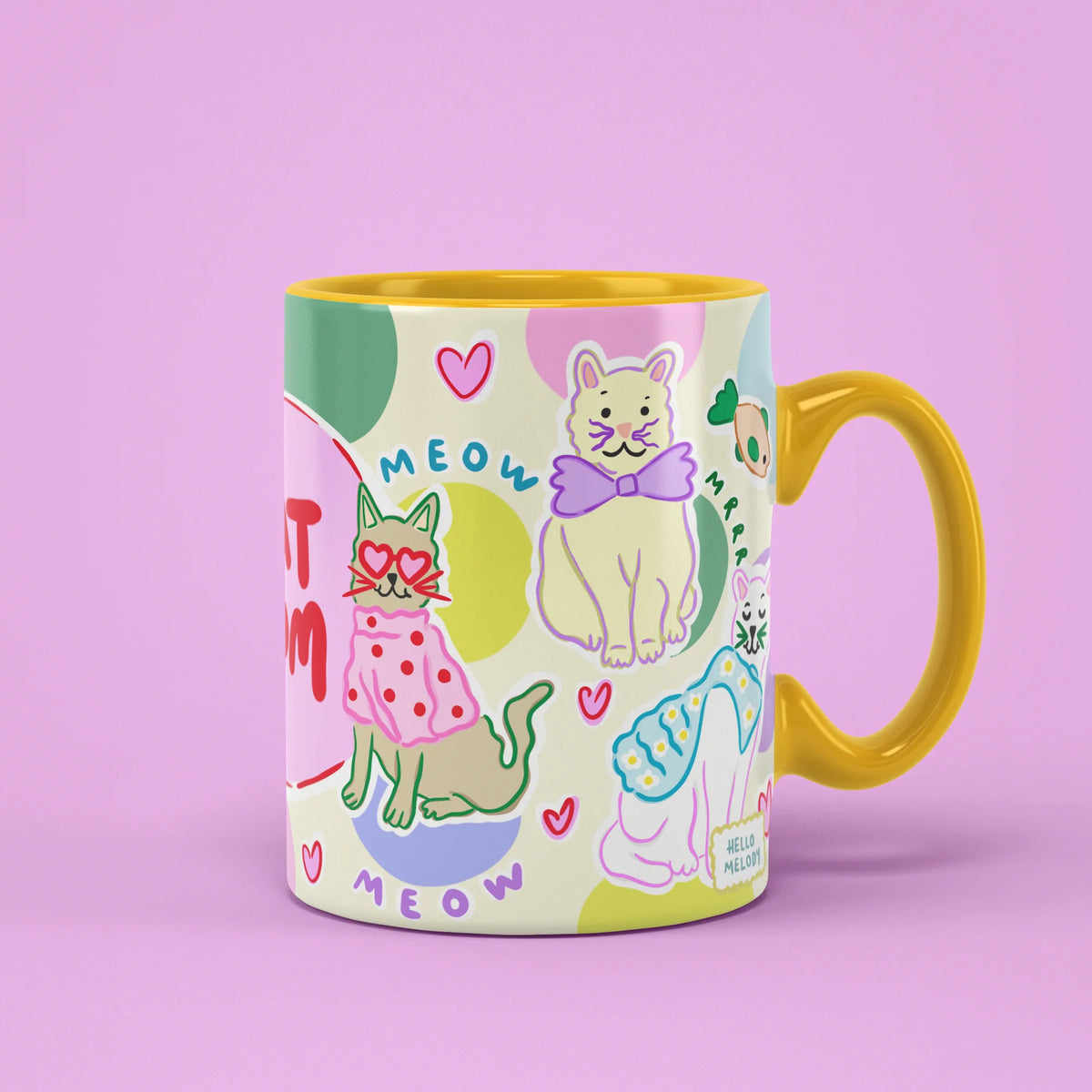 Cat Mom Mug with colourful cats in cute outfits, gift for cat mums
