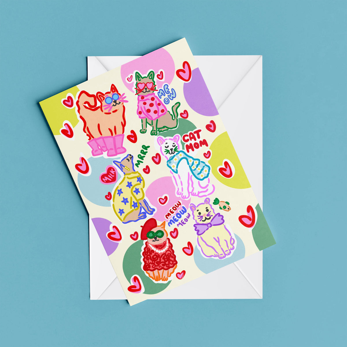 Cat Mom print – flat lay mock-up showing the colourful illustrated design